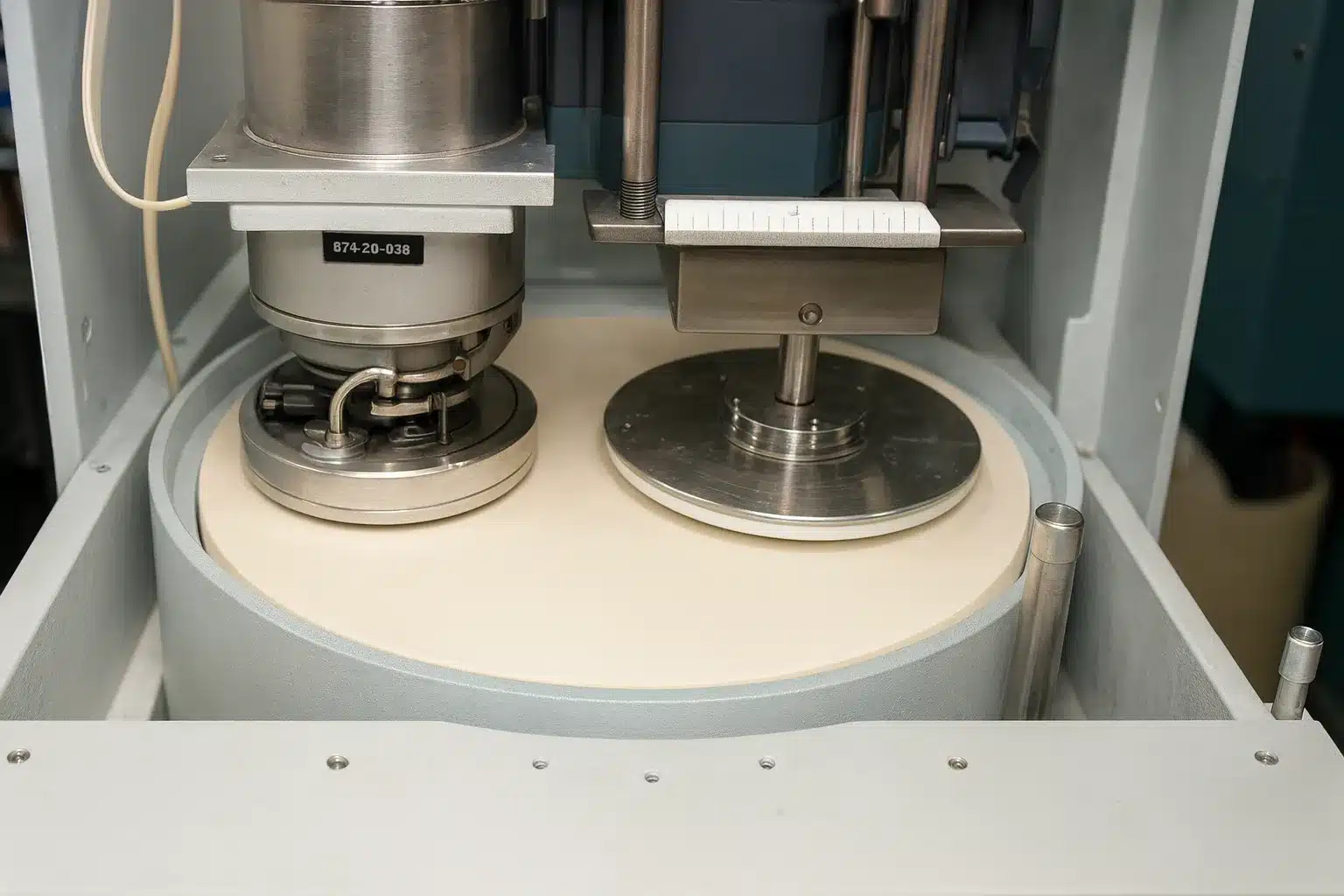 CMP tool for semiconductor wafer planarization – Eumetrys Spare Parts CMP tool used in semiconductor wafer planarization process with polishing pad and conditioning head