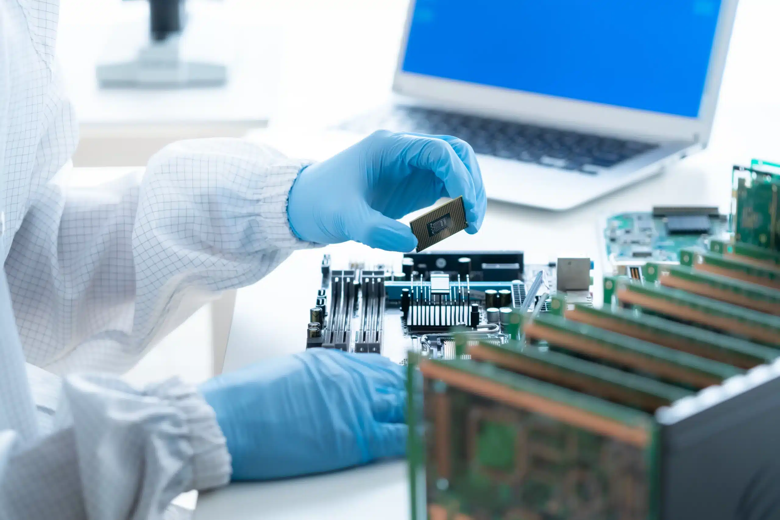 Cleanroom Equipment Maintenance – Microchip Installation Process Technician performing cleanroom equipment maintenance by installing a microchip on a circuit board in a controlled environment