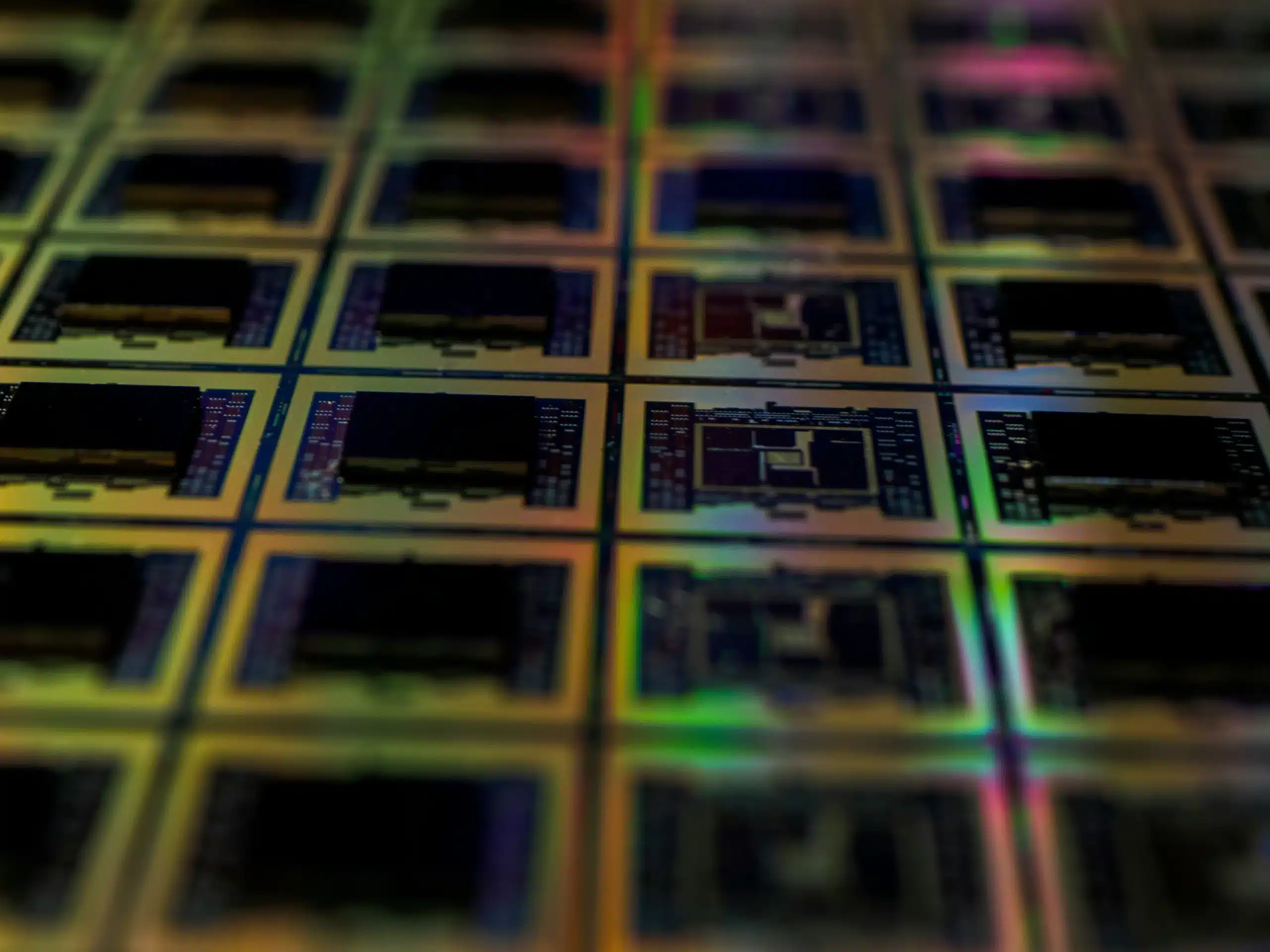 Semiconductor Manufacturing Equipment Maintenance – Close-up of Microchips on Wafer Close-up view of semiconductor wafer with multiple microchips, illustrating precision in semiconductor manufacturing equipment maintenance processes